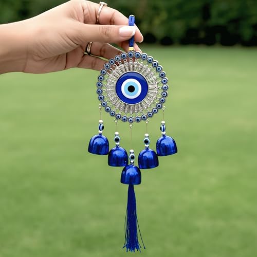 Image of Evil Eye Wind Chimes with 5 Bells for Home | Vastu Hanging for Positive Energy & Protection | Balcony, Living Room & Main Door Home Decor | Housewarming Gift