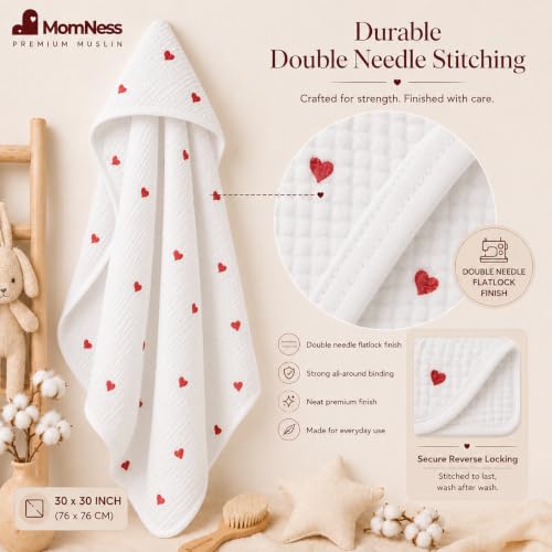 Image of Baby Hooded Bath Towel 100% Cotton Muslin 76x76 cm, 0-3Y, Newborn | 4-Layer Crinkle Fabric, Ultra Absorbent, For Ages 0-3 Years, Unisex