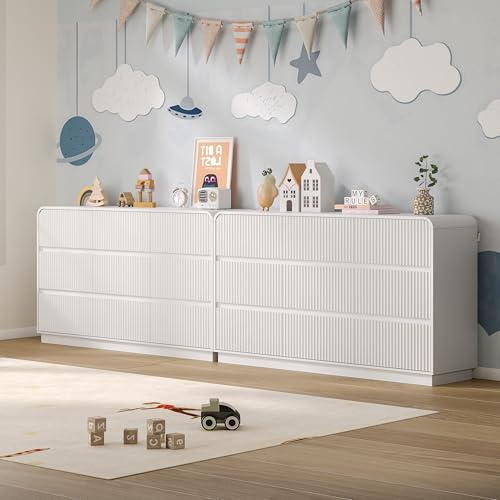 Image of BORNOON Dresser for Bedroom with 9 Drawers, Fluted Chest of Drawers with Round Curved Corner, Hidden Handles, Modern Wood Storage Organizer for Bedroom, Nursery, Living Room