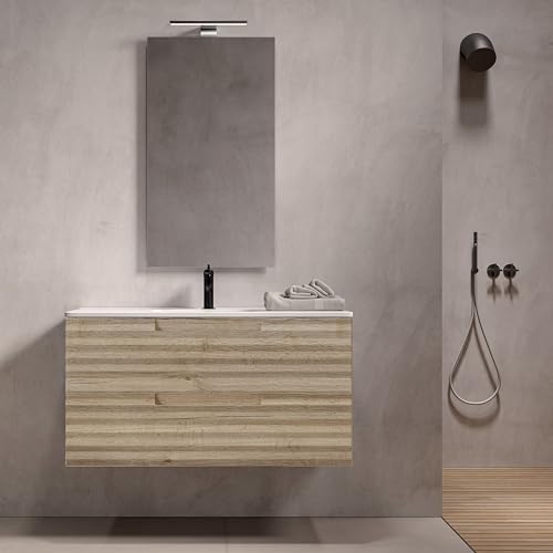 OLIMPO DOCCE Meuble de salle de bain suspendu 100cm Chêne Sunrise ondulé ZEN - Avec miroir