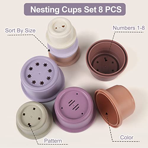 Image of Baby Stacking Cup for Toddler 1-3, 8PCS Counting Nesting Measuring Set, Stackable Bath Toy for 6-12 Months Kids, Educational Montessori Gift for Boys and Girls, Natural Sugarcane Container for Rabbits