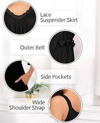 SWOMOG Nightgown and Robe Sets for Women 2 Piece Sleeveless Sexy Lace Strap Pajamas and 3/4 Sleeves Bathrobe with Pockets4