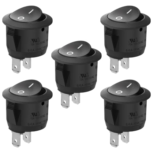Heschen Lot de 5 interrupteurs à bascule ronds - 2 bornes SPST, 6 A, 250 VCA, UL, VDE - Noir