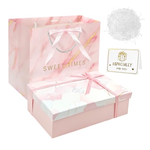 Caja de Regalo Rosa Mediana con Tapa 25 x 18 x 8,5 cm   Envoltorio de Cumpleaños con Cintas y Tarjetas para Vacaciones