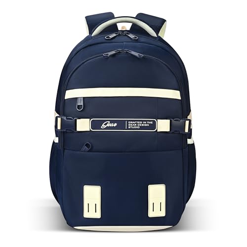 Image of Gear Elegant 19 inch /35L Large Water Resistant School Bag | Casual Backpack | Daypack | Travel Backpack | Kids Bag for Boys /Girls (Navy - Beige)