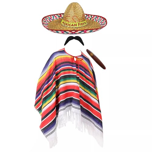 Disfraz mexicano para adultos, poncho multicolor, sombrero de fiesta mexicana, cigarro falso, bigote falso, disfraz de México del Cinco de Mayo para hombre y mujer