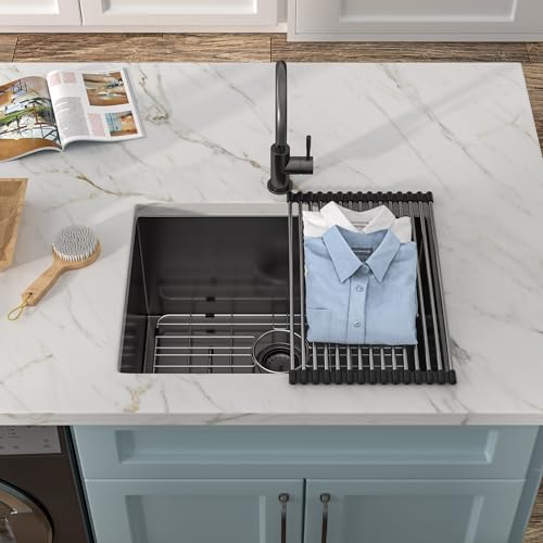 Image of 24 inchx18 inch Undermount Laundry Utility Sink - Gunmetal Black NANO-PVD, 16 Gauge 304 Stainless Steel, 12 Inch Deep Single Bowl Under Counter Basin for Laundry Room, RV or Utility Use
