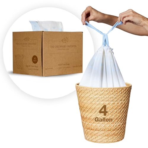 The Gardeners Daughter Compostable 4 Gallon Trash Bags Small Drawstring Garbage Bags for Bathroom Office Bedroom - Leak-Proof Durable Fits Small Wastebaskets 90 Count