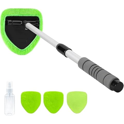 XINDELL 24-Inch Windshield Cleaner Tool - Portable Car Interior Cleaning Kit with Extendable Handle, 4 Microfiber Towel Pads, Auto Glass Wiper for Windshield, Trucks, SUVs, RVs, and Home Windows Cover