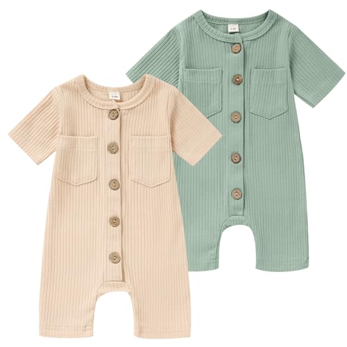 Image of TITKKOP Newborn Baby Boy Girl Clothes 2 Pack Solid Romper Short Sleeve One-Piece Jumpsuits Outfits Sets