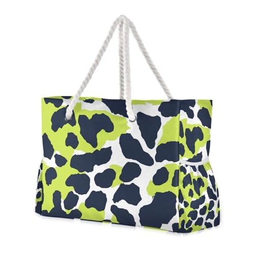 Leopard Print Lime Green and Navy Blue Personal Item Bag Waterproof Sandproof with side pockets Large Duffel Bag Sports Tote for Weekend Travel
