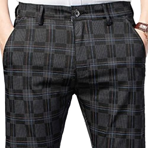 Men Plaid Business Dress Pants Skinny Flat-Front Casual Pant Comfy Slim Fit Business Trousers4
