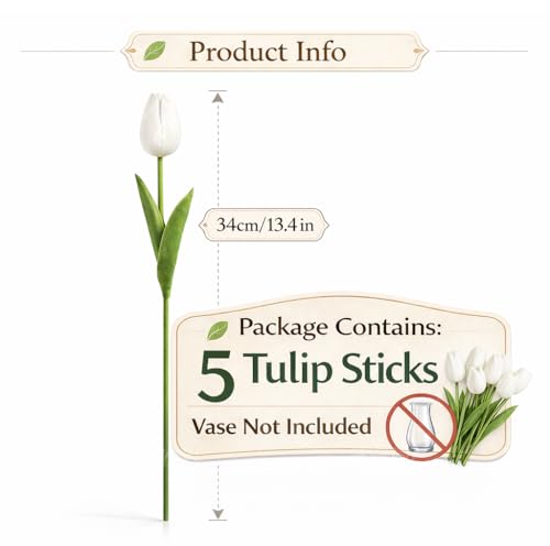Image of Divyakosh Artificial White Tulip Flower with 5 Tulips (Vase not Included) - Realistic Decorative Flowers for Home Decor, Living Room, Bedroom, Office, Wedding Decoration, Table Centerpiece & Gifting