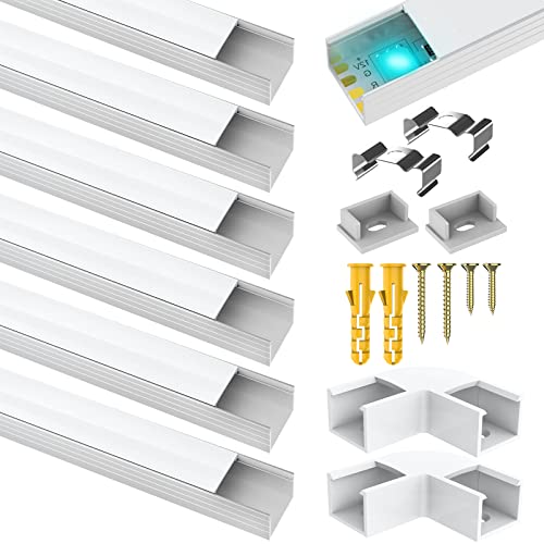 6 Pack Led Aluminum Profile for Philips Hue Led Strip Lights etc,1m/3.3ft U-Shape Led Aluminum Channel, Led Diffuser with Milky White Cover, End Caps and Metal Mounting Clips (6Meter)