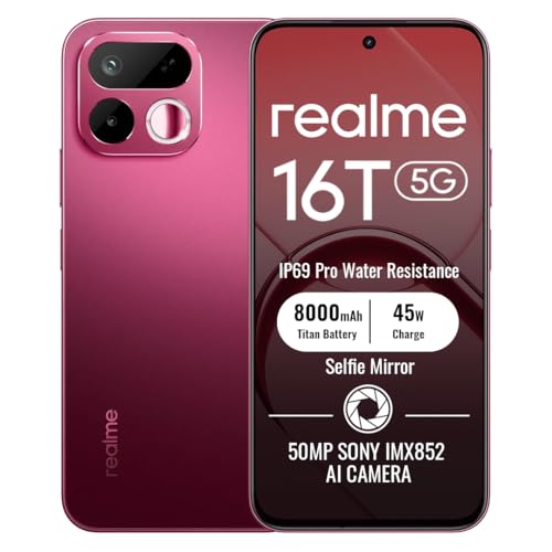 Image of realme 16T 5G Smartphone 8GB+128GB, 6.8-inch Screen, 144Hz Display, 8000mAh Battery, 45W Fast Charging, Rear16MP+Front50MP AI Camera, MediaTek Dimensity 6300,IP69, Red