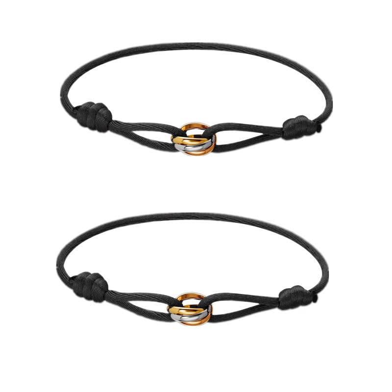 Azlanway Segeltau Damen Armband Tricolor, 2 Stück Paar-Armband, Kordelarmband mit Edelstahl Ring in Silber, Gold & Roségold, Freundschaftsarmbänder, Einstellbares Handgelenk Armbänder, Schwarz