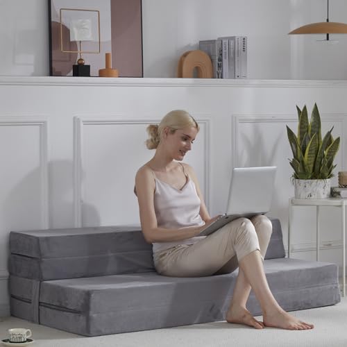 BDEUS Folding Mattress Full 4 inch Folding Sofa Bed High-Density Foam Floor Lounger Portable Guest Camping Bed with Storage Bag