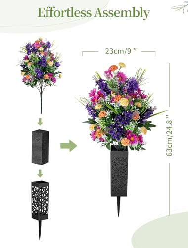 Artificial Cemetery Flowers for Grave: Memorial Day Flowers for Cemetery - Outdoor Grave Decorations - 2 Pcs Purple Violet Mums Bouquets with Vases image 5