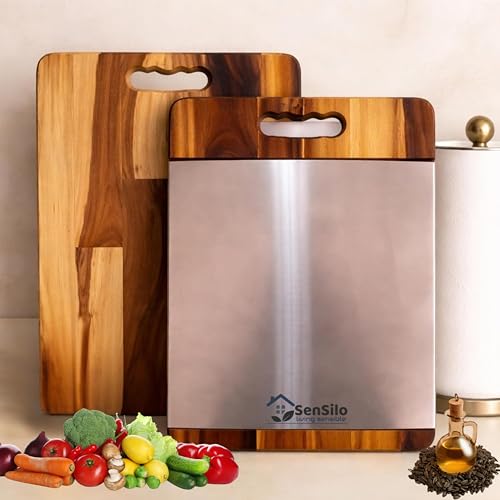 Image of Sensilo Chopping Cutting Board Vegetable,Fruit,Bread & Durable Safe & Heavy Duty, (35 x 25 cm, Steel Wood,2 in 1)