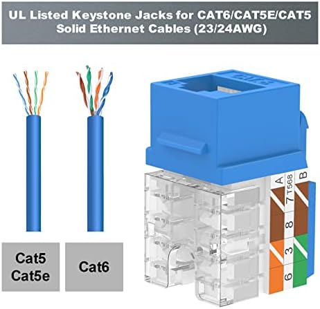 VCE 25-Pack 90 Degree Cat6 RJ45 Keystone Jack, Punch Down Keystone Jack Adapter-Blue UL Listed