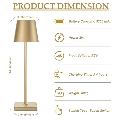 HASUN Rechargeable LED Table Lamp - 2 Pack, Waterproof, 5200mAh Battery, 3 Color Dimming, Aluminum Shell (Gold)