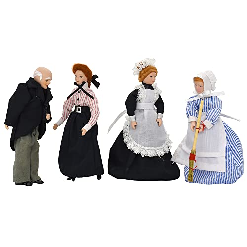 iLAND Puppenhaus-Puppen 1:12 Maßstab, Mini Puppen im viktorianischen Dienstmädchen und Kammerherr, Porzellan Spielfiguren Set (Diener 4 Stück)