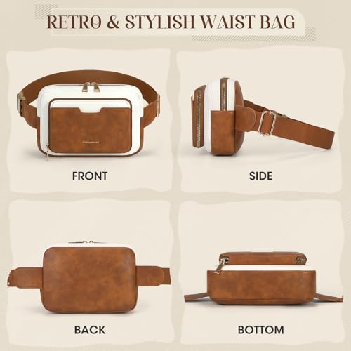 Image of RAINSMORE Fanny Packs for Women, Leather Belt Bag Waterproof Everywhere Crossbody Waist Pack with Adjustable Strap Retro Sling Chest Bag for Work Running Travel Party, Brown with White