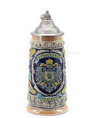 Amoy-Art Jarra de Cerveza Alemana con Estaño Tapa Hecho a Mano Regalo Souvenir Relieve de Escudos de Armas de Alemania Grabado Estándar de Seguridad Alimentaria Caja de Regalo 0.6 Litre