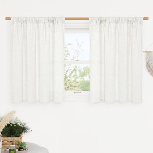 Image of LAMIT 36 Inch Length Short Ivory White Linen Curtains for Kitchen 2 Panels