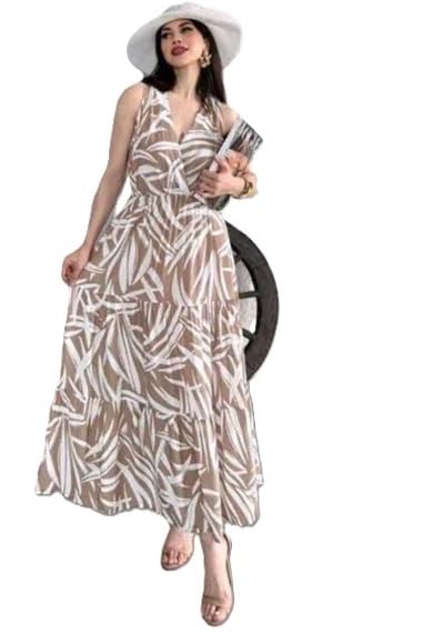 Women’s Rayon Blend V-Neck Tropical Leaf Print Tiered Maxi Dress (Zibra)