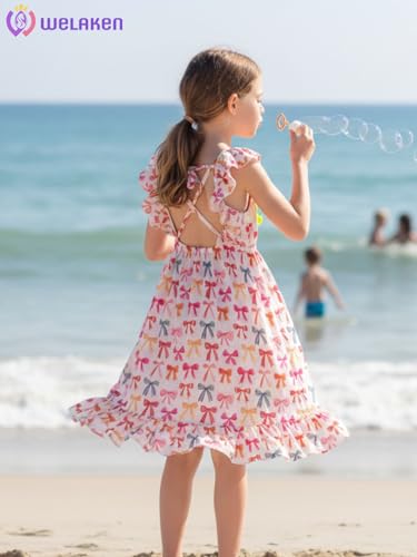 WELAKEN Girls Summer Dresses Flutter Sleeve Criss Cross Back A-Line Sundress4