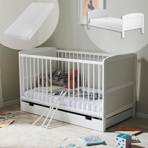 Kids Collective Babybett Kinderbett 70x140 mit Schublade und Matratze Umbaubares Gitterbett höhenverstellbar & herausnehmbare Sprossen | Weiss Vollholz Kiefer Made in Europe Kids Collective Babybett Kinderbett 70x140 mit Schublade und Matratze Umbaubares Gitterbett höhenverstellbar & herausnehmbare Sprossen | Weiss Vollholz Kiefer Made in Europe