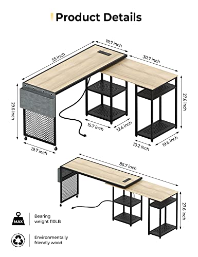 55" L Shaped Computer Desk With Power Outlets For Home Office Desks, Wooden Gaming Desk With Storage Shelves/Bag, Modern Simple Corner Desk For Small Space Student Study Writing L Shaped Desk, Oak #TOP7