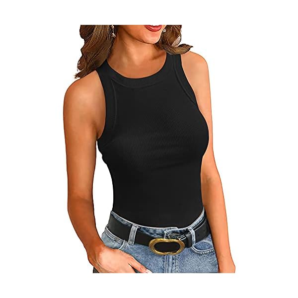 Fashion Bodysuit For Women Cute Sleeveless Halter High Neck Racerback Fitted Ribbed Knit Tank Tops Thong Leotard Bodysuits Black Medium
