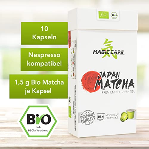 MatchaMagic Bio Matcha Tee Caps - 10 Stück Grüner Matcha Teekapseln - Japanisches Matcha Pulver für Kapselmaschinen (1 x 10 Kapseln)
