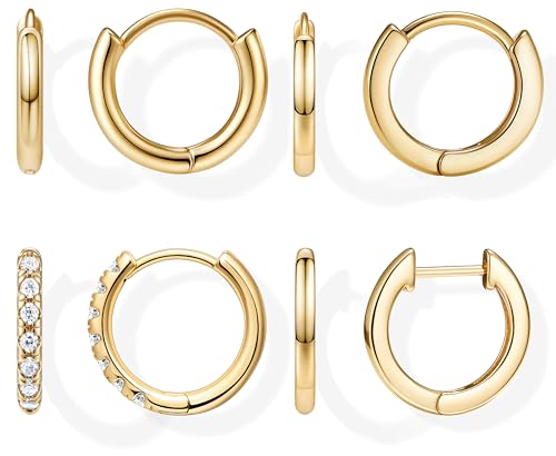Image of Small Gold Huggie Hoop Earrings Set for Women Men Hypoallergenic 14K Plated Stack Cartilage Earrings, Sterling Silver Multiple Piercing Lightweight Mini Thin Cute Dainty Trendy Jewelry Gifts for Women