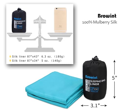 Image of Browint Silk Sleeping Bag Liner, Silk Sleep Sheet, Sack, Extra Wide 87 inchx43 inch, Lightweight Travel and Camping Sheet for Hotel, More Colors for Option, Reinforced Gussets, Pillow Pocket