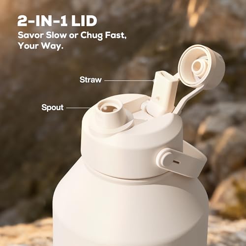 Image of POWCAN 64 oz Water Bottle Insulated with 2-in-1 Straw and Spout Lid, Carrier Bag, Handle Strap, Leakproof, BPA-Free, Half Gallon Metal Water Bottle for Camping, Picnic and Hydration (Cream)