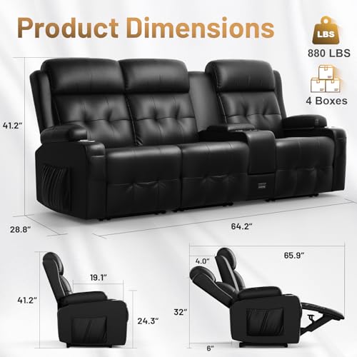 Image of Recliner Sofa Set, Home Theater Seating with Massage, Loveseat Recliner Couch and Recliner Single Chair with USB, Wall Hugger Reclining Movie Theater Chair with Cup Holders, Drawer for Gaming Room