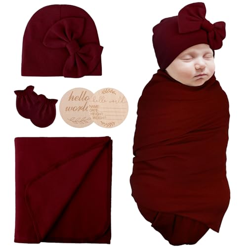 Image of AQOKKA Newborn Receiving Blanket with Bow Hat Mittens Wooden Card Set Newborns Toddler Baby Boy Girl Nursery Swaddle Wrap