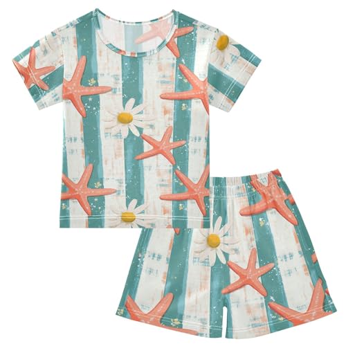 ALAZA Starfishes Daisy Flowers Stripes Pajama Set Short Sleeve Sleepwear Soft Lounge Nightwear