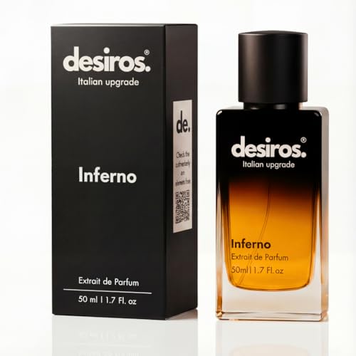 Desiros Inferno - Estratto di Profumo Uomo Italiano Seducente a Lunga Durata Intenso Elixir - Perfume di Marca - Parfum con Note Agrumate, Fresche, Legnose - 25% di Oli Essenziali - Regalo Uomo - 50ml