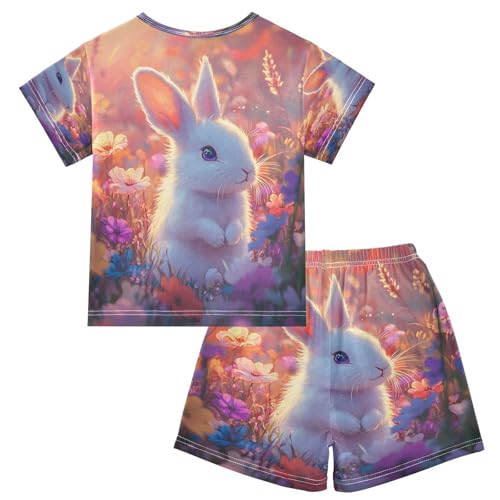 ALAZA Easter Flower Rabbit Bunny Flower Floral Pajamas Set Short Sleeve Cotton Sleepwear Summer Pjs 2 Piece 5-14Y2