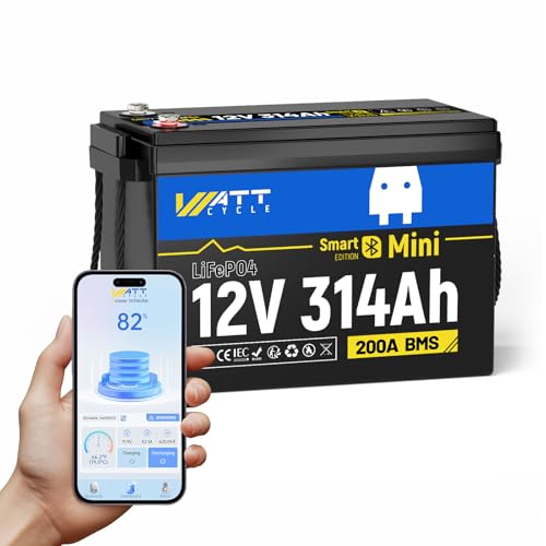 WattCycle 12V 314Ah LiFePO4 Lithium Battery Mini with Bluetooth 5.0, 200Ah BMS, 4.01kWh Energy, Upgraded Aluminum Cooling Fins & Braided Copper Wires, Built-in Metal Frame & Low-Temp Protection