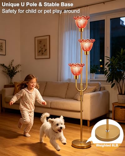 Image of Lightdot 3-Lights Glass Floor Lamp 66IN Modern Gold Dimmable Floor Lamps with 3000K Warm White Bulbs for Wedding Party Tall Standing Lamp with Deep Red Glass Shade for Living Room /Bedroom /Home Decor