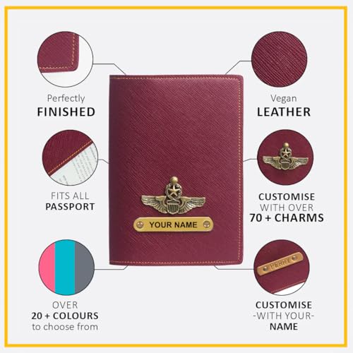Image of ncgifts Customised Leather Passport Holder: Personalised Name & Charm for Men & Women - Unique Travel Gift, Document Organiser, Boarding Pass Holder, Customised Gifts for Men & Women (Wine)