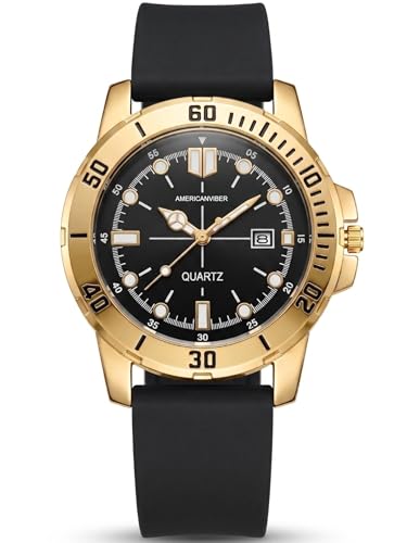 Image of AMERICANVIBER Analog Men's Watch with Date Function | 4D Glass | Stylish Golden Dial | Formal & Smooth | Black Silicone Adjustable Strap