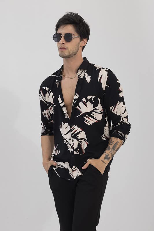 Image of SNITCH Cut Leaf Black Shirt Rayon Slim Fit Shirt