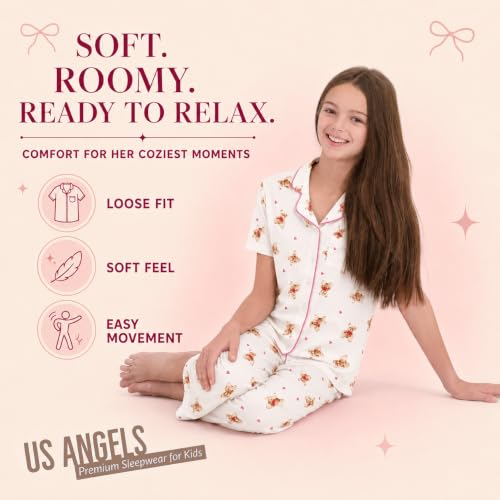 Image of US Angels Girls Pajama Set 3 Piece, Short Sleeve Button Down PJs with Shorts & Pants, Soft Sleepwear Girls & Tweens Size 5-16