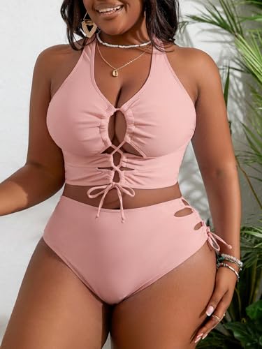 Image of SOLY HUX Women's Plus Size Bikini Set Sexy Swimsuit Lace Up Tummy Control 2 Piece Bathing Suit